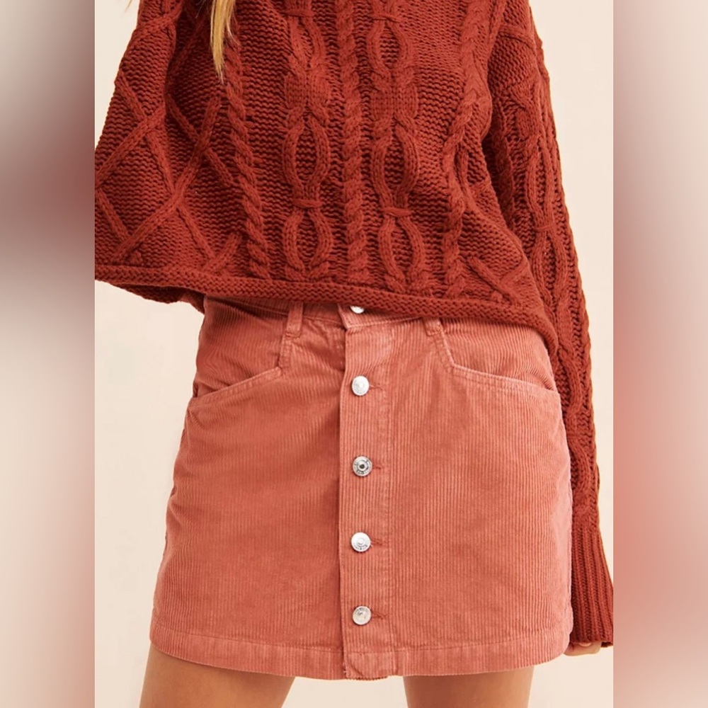Free People Ray Salmon Pink Orange Corduroy Mini Skirt Button Up Size 4 Spring